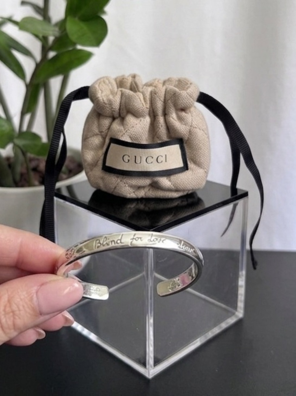 Gucci Sterling 925 Silver Script Cuff Bracelet "Blind for Love"